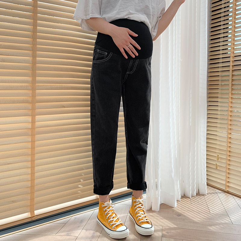 孕妇裤子春秋外穿牛仔裤潮妈加绒加厚烟灰色宽松哈伦直筒裤冬装