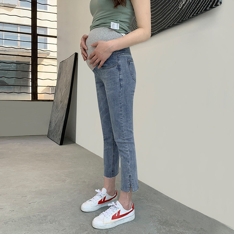 孕妇裤子春季外穿时尚潮妈牛仔裤春秋薄款小直筒裤孕妇九分裤春装