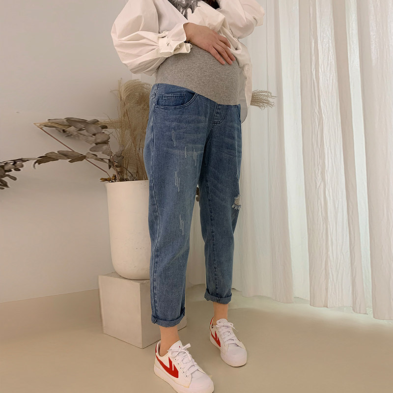 孕妇裤子外穿时尚牛仔裤潮妈春秋款孕妇哈伦裤子春秋季老爹裤春装