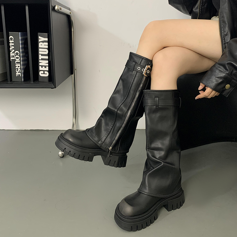 thumbnail for Retro Versatile Trouser Boots Women's 2024 Autumn New Thick-soled British Style Small Slim Knight Boots