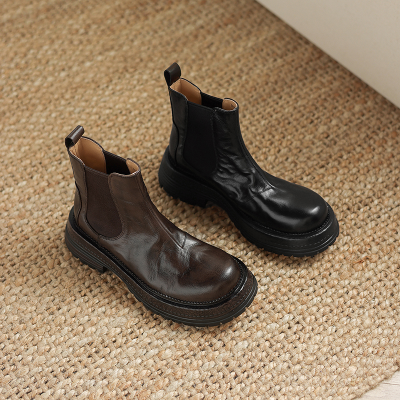 一三良品秋冬头层牛皮版~小个子增高厚底短靴女百搭复古切尔西靴