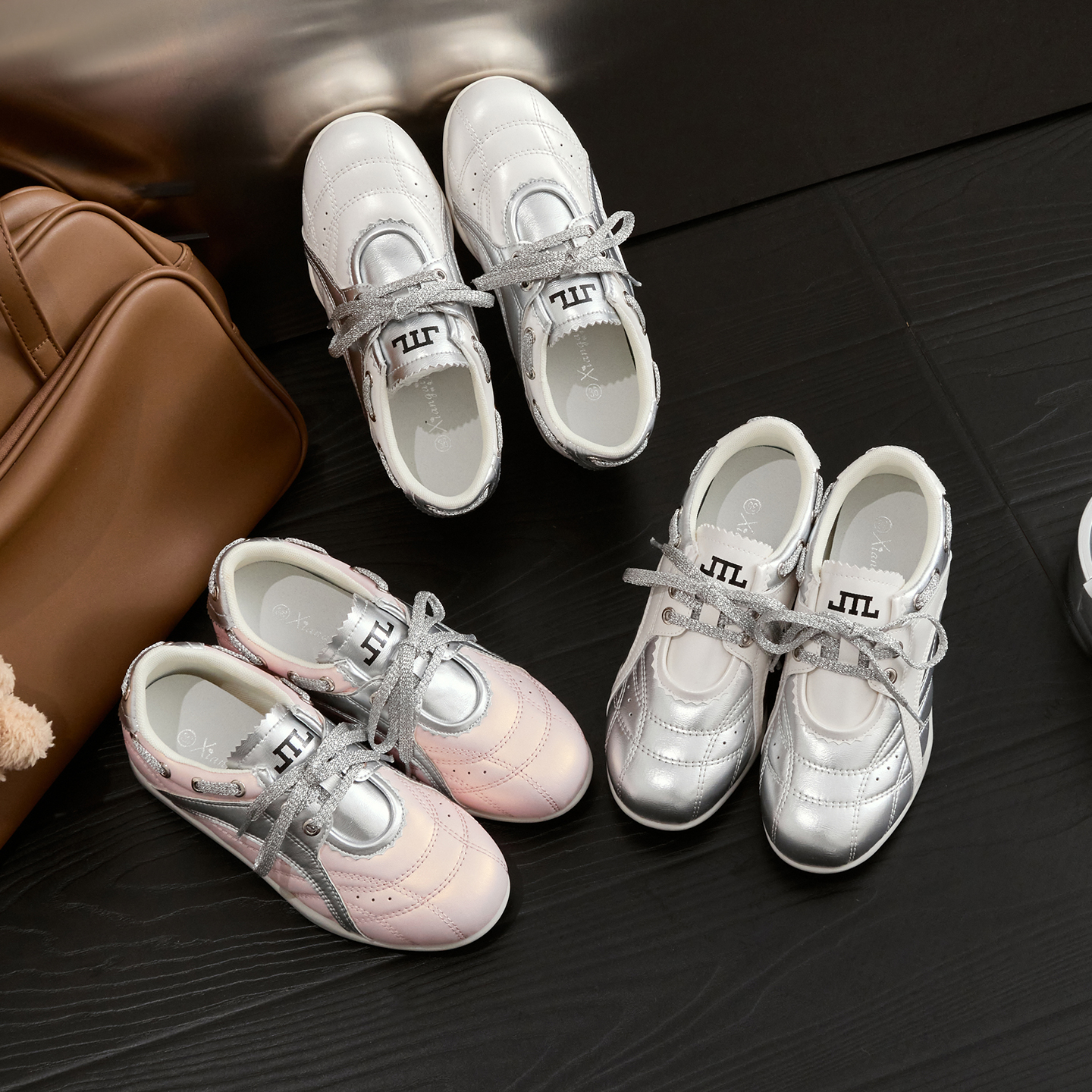 一三良品秋季软皮银色芭蕾小码3332德训鞋2025系带增高5cm休闲鞋