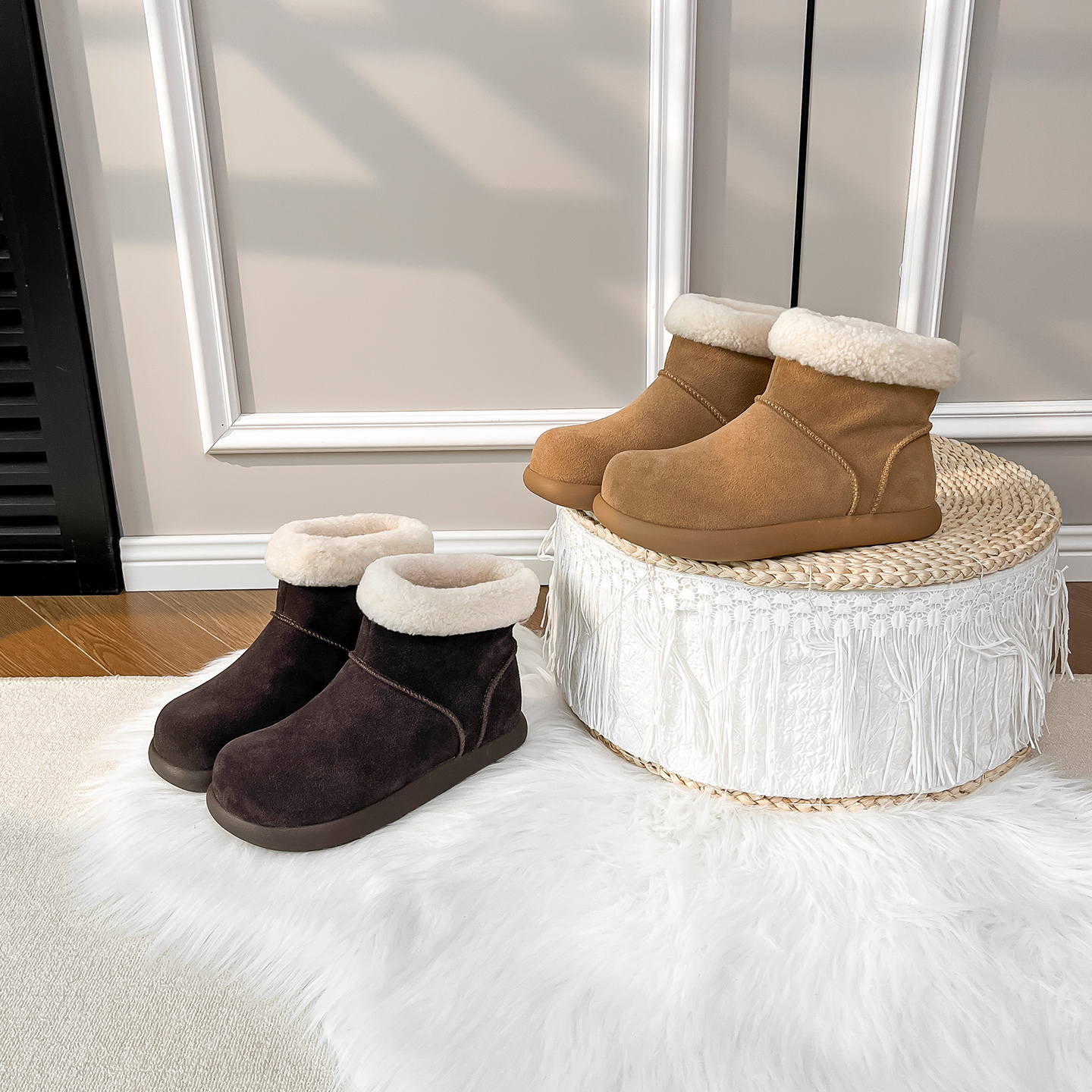 一三良品冬季2种跟高~保暖厚底增高小土豆勃肯鞋丑萌毛毛短靴女