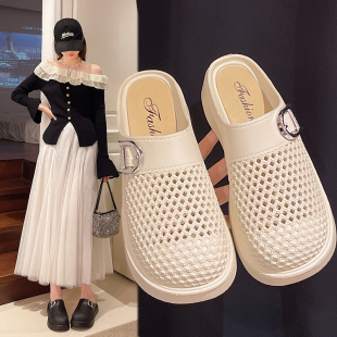 百搭拖鞋 新款 女外穿防滑松糕底厚底编织 2025夏季 透气镂空包头拖鞋