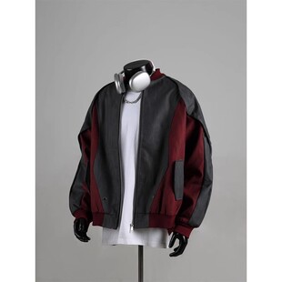 解构拼接pu皮衣外套潮牌欧美街头cleanfit撞色拼接棒球服夹克 美式