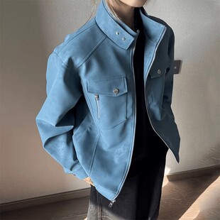 春季 高级感美式 复古pu皮短款 飞行夹克棒球服 蓝色立领外套男款