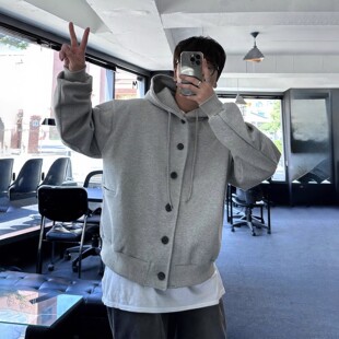 灰色连帽卫衣开衫 韩版 潮流时尚 简约休闲运动外套潮 男2026春秋新款