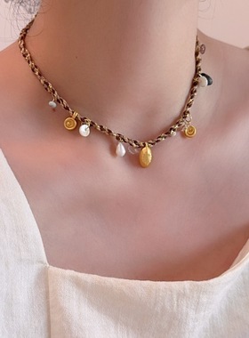 复古天然淡水珍珠编绳项链女轻奢小众高级感海洋度假风锁骨链颈链