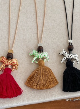 彩绘斑马流苏蜡绳项链女民族风百搭串珠颈链小众设计款长款毛衣链