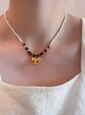 摇摇马虎眼石珍珠串珠项链女轻奢个性独特小众时尚百搭锁骨链颈链