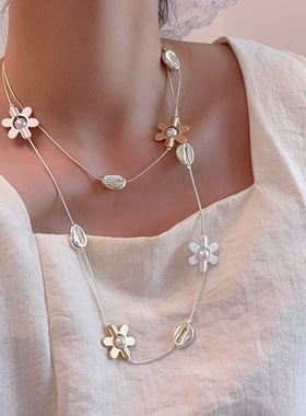 甜酷辣妹风金属花朵撞色拼接长款项链轻奢高级感腰链个性毛衣链女