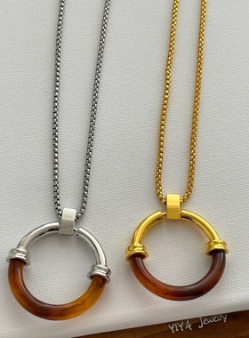 秋冬玳瑁色拼接圆圈吊坠项链女时尚个性毛衣链小众高级感颈链配饰