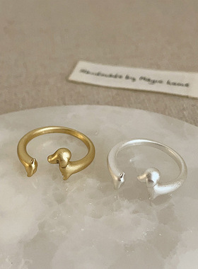 哑光磨砂金属腊肠狗开口戒指女小