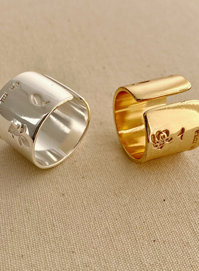 几何金属雕刻花朵字母戒指女小众