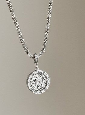 设计感可旋转八宝罗盘银色项链女