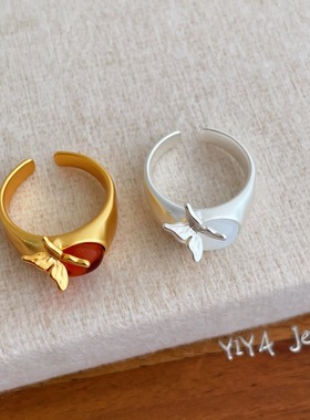 法式个性天然石雕刻蝴蝶戒指女韩系冷淡风个性百搭小众高级食指戒