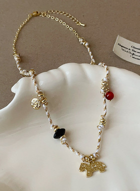 多元素天然石编绳小马项链女设计