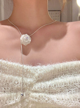 气质独特网纱玫瑰花抽拉项链女小众轻奢个性时尚潮流颈链锁骨链