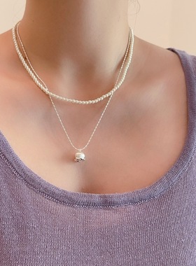 韩系双层叠戴花苞珍珠项链女时尚轻奢小众设计感锁骨链颈链配饰品