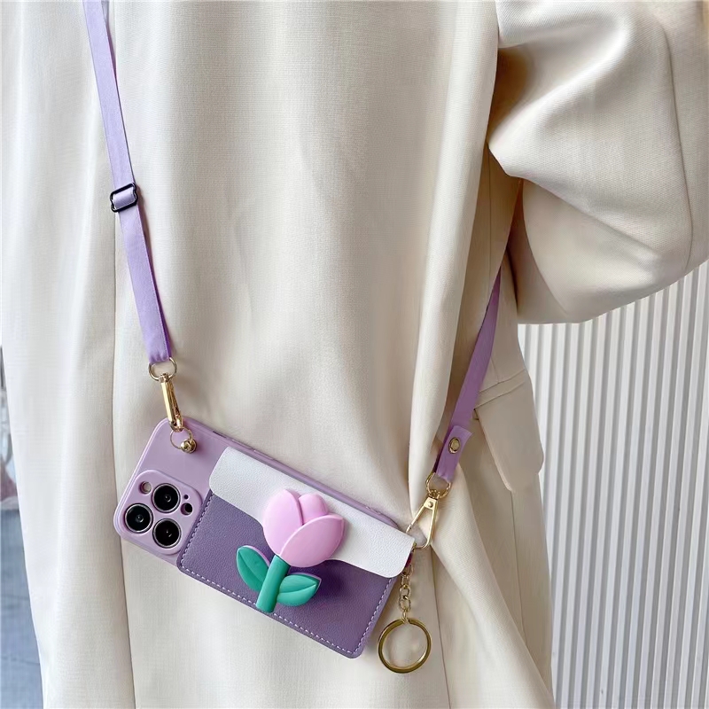 oppo斜跨小众郁金香皮质零钱卡包