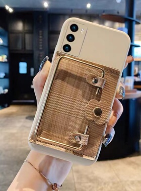 棕色格纹零钱卡包适用oppofindx5手机壳k10pro小众新款k9sp腕带支架K5k7x高级感findx3pro可插卡K3全包K1软套