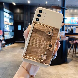 棕色格纹零钱卡包适用oppoa97手机壳a72A57小众新款5G腕带支架a36A93s高级感a32A55s可插卡A96a53s全包A8软套