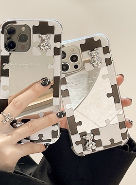 拼图镜面立体电镀小熊realme真我GT手机壳q3pro硅胶gtneo2T新款v15女v13补妆镜realmeQ2全包防摔q3i卡通v5套