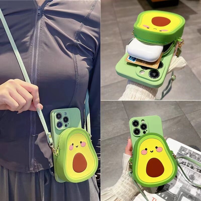 创意ins牛油果零钱包适用vivoy78手机壳y75s卡通y76s女y55s斜挎y54s背带y52s挂绳y35 5G防摔y32硅胶y31s套y9s