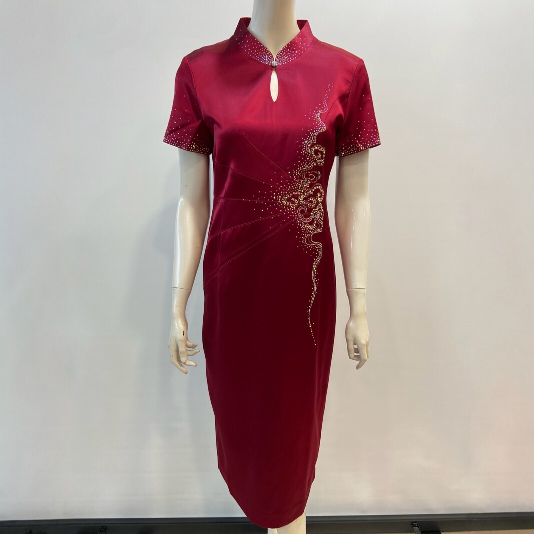 高档醋酸连衣裙结婚喜服夏装短袖高贵气质喜妈妈婚庆礼服改良旗袍