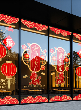新年装饰贴纸玻璃门贴2026饭店过年氛围布置马年大吉窗花春节静电