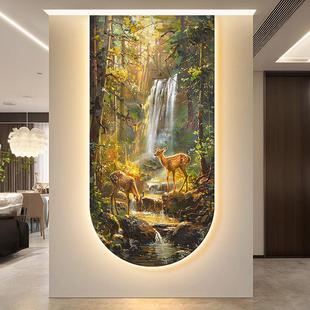 饰画欧美式 流水生财玄关装 山水风景走廊过道挂画麋鹿入户带灯壁画