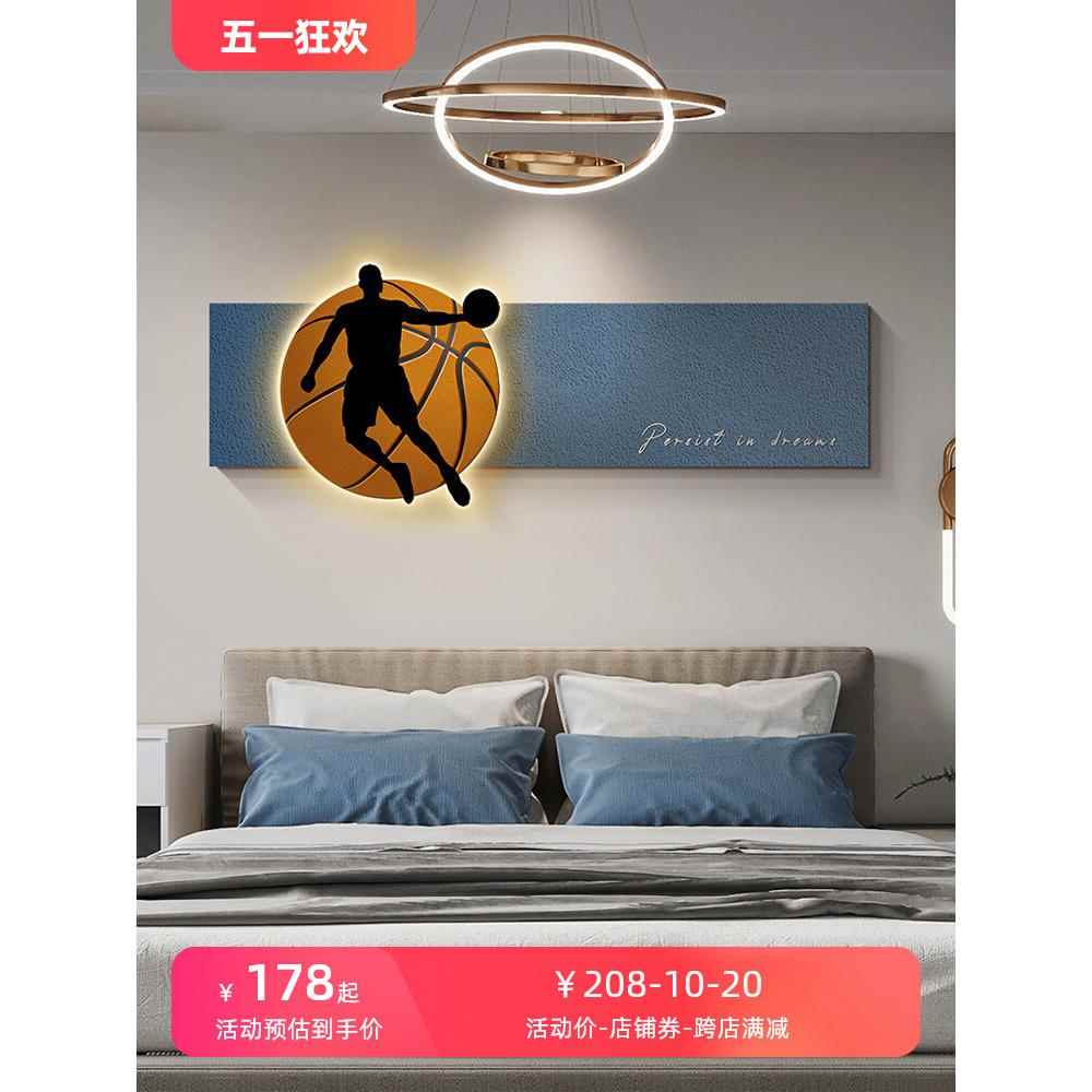 NBA篮球主题装饰画儿童房卧室床头挂画男孩房间立体砂岩发光壁画图片