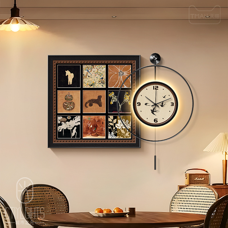 中古风餐厅装饰画餐桌背景墙钟表组合挂画抽象艺术创意挂钟发光画