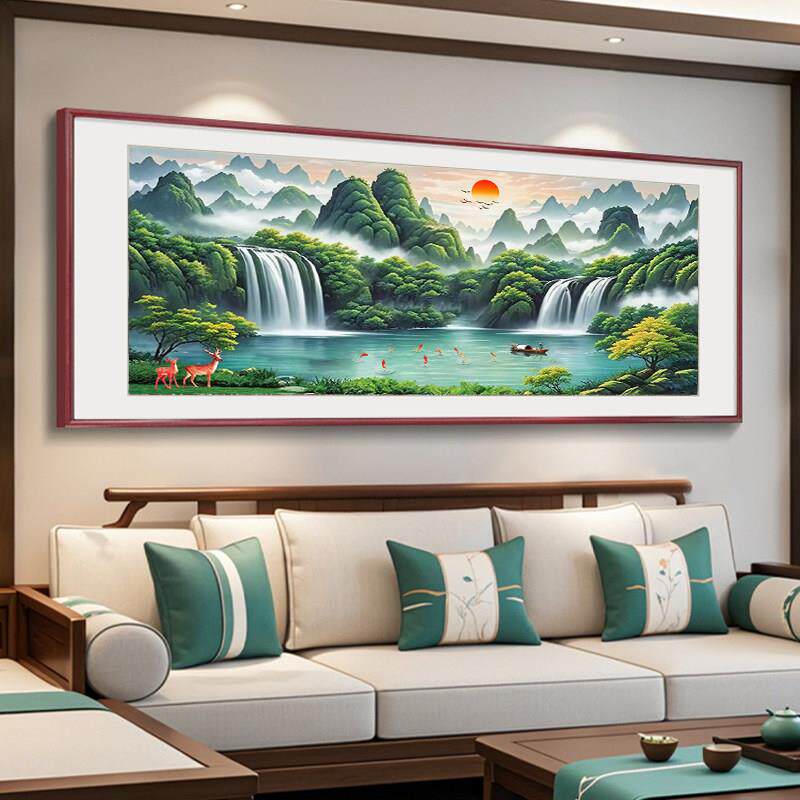 旭日东升客厅挂画国画聚宝盆山水画办公室沙发背景墙壁画装饰字画