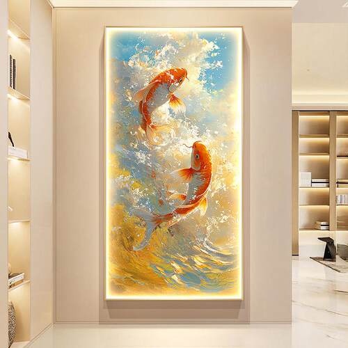 金色海浪玄关装饰画招财锦鲤走廊过道挂画2026新款入户门带灯壁画