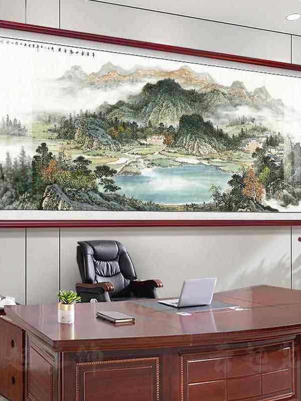 聚宝盆山水字画流水生财办公室靠山图风景挂画客厅装饰背景墙壁画