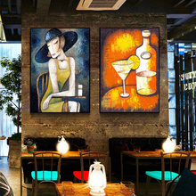 酒吧装 仿手绘餐吧酒馆挂画工业风烧烤店壁画 饰画抽象人物创意个性