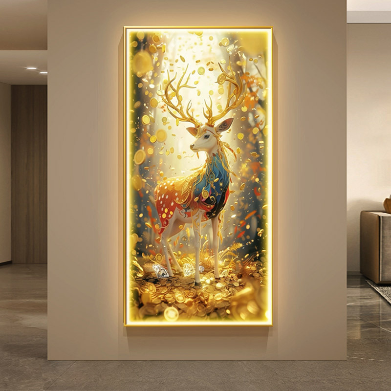 福鹿生财进门玄关装饰画轻奢九色鹿壁画灯高档大气入户发光挂画