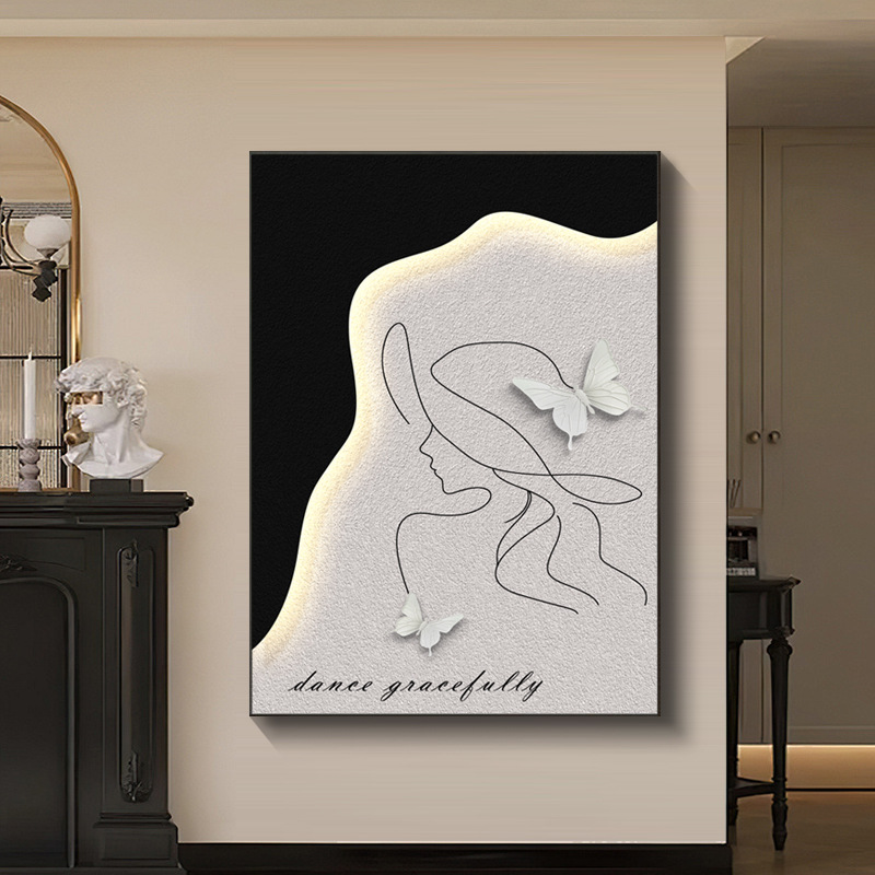 新款玄关装饰画挂画客厅高级感墙壁带灯无框雕刻实木简约壁画