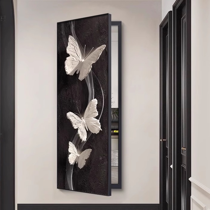 隐藏式推拉全身镜黑白蝴蝶装饰画玄关卧室翻开门暗藏式隐形镜子画