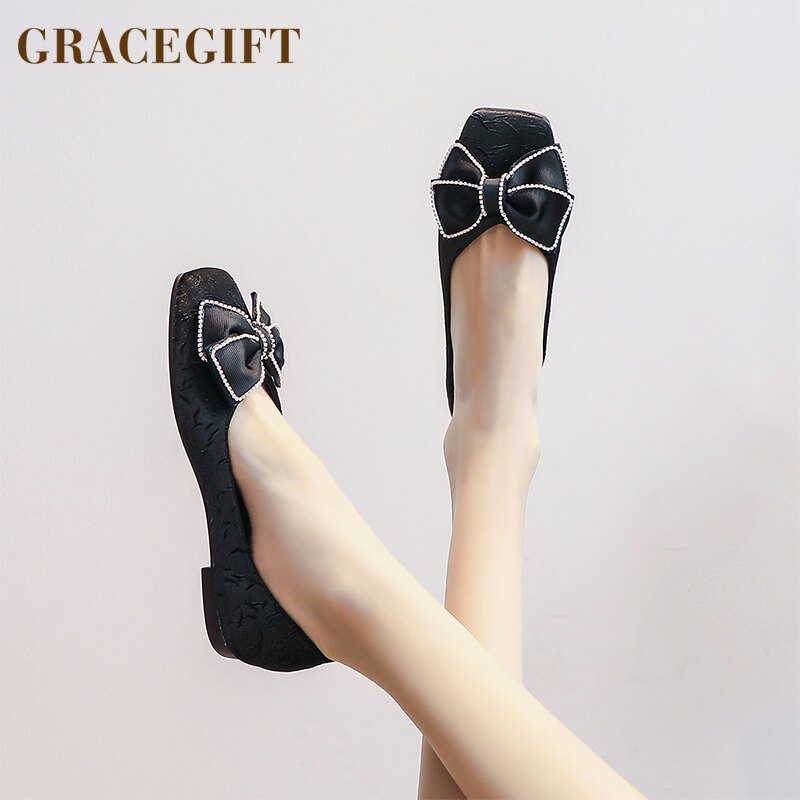 grace gift蝴蝶结方头单鞋女黑色浅口平底平跟通勤女鞋