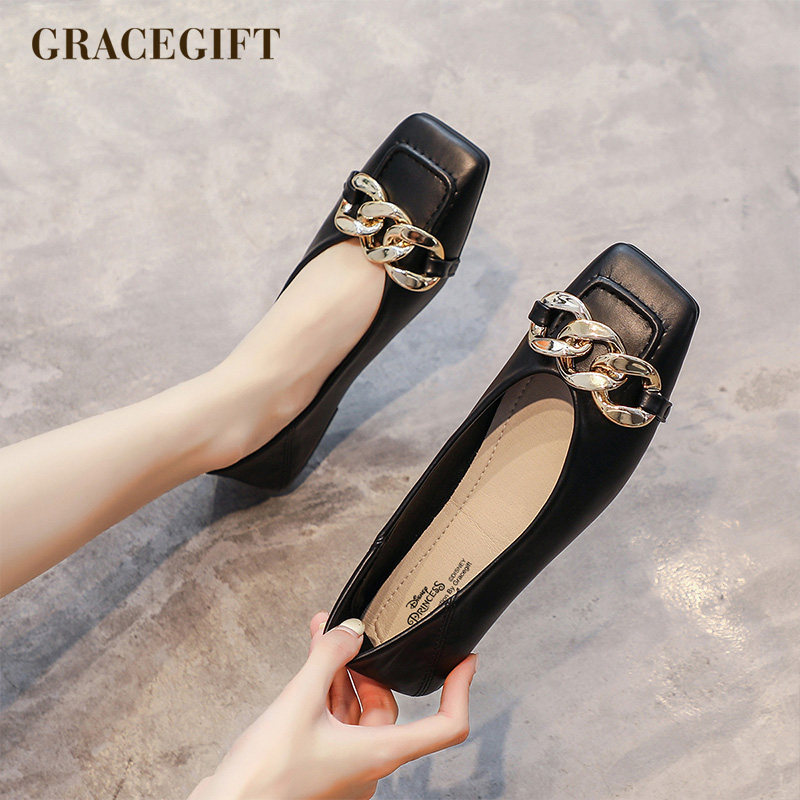 grace gift经典马衔扣单鞋女小方头平底鞋踩脚两穿软底软皮蛋卷鞋