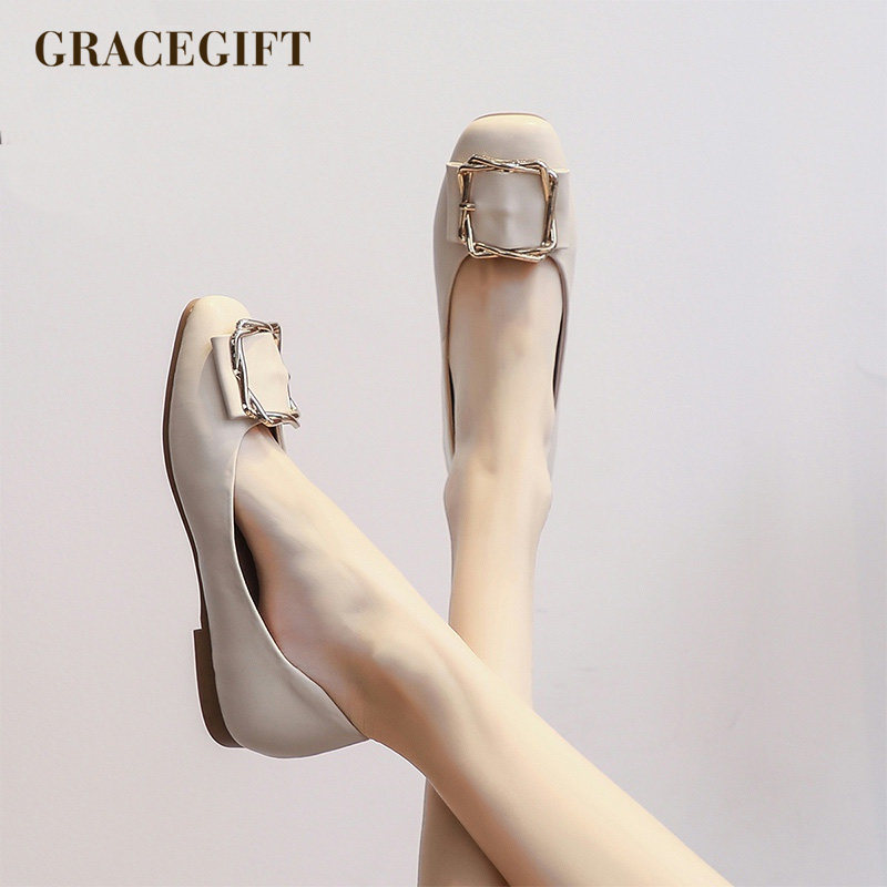 grace gift浅口金属方扣单鞋女小方头平底晚晚鞋软底蛋卷鞋女鞋