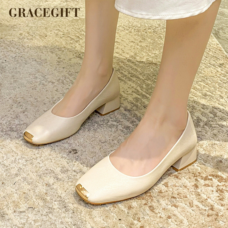 grace gift粗跟浅口单鞋女小方头防踢坏优雅中跟舒适女鞋春季新品