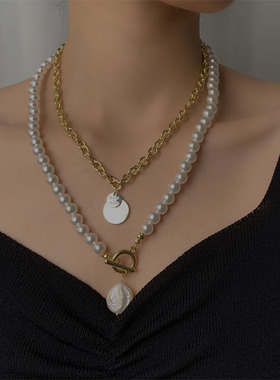 夸张双层珍珠项链INS嘻哈巴洛克轻奢锁骨链 时尚叠戴小众设计挂链