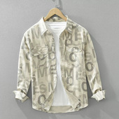 衬衫 男士 秋季 水洗纯棉字母印花长袖 日系工装 休闲衬衣全棉翻领外套