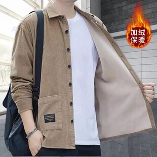 男士灯芯绒加绒加厚衬衫外套秋冬耐脏耐磨保暖衬衣多口袋工装上衣