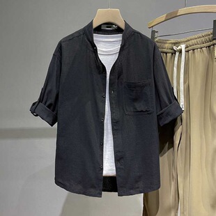 新款 宽松薄款 男士 亚麻衬衫 透气纯色棉麻衬衣男白色柔软 七分袖 夏季