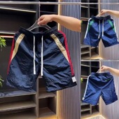 男潮牌穿搭休闲五分裤 夏季 宽松流行拼色大裤 短裤 衩速干冰丝沙滩裤