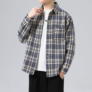 外套痞帅百搭宽松情侣休闲上衣夹克 格子撞色翻领衬衫 2025秋季 男士